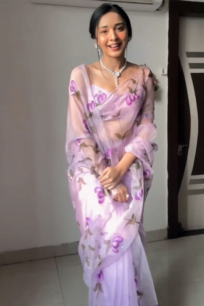 Exquisite 1-Minute Ready To Wear Lavender Organza Silk Saree - thelotusfab