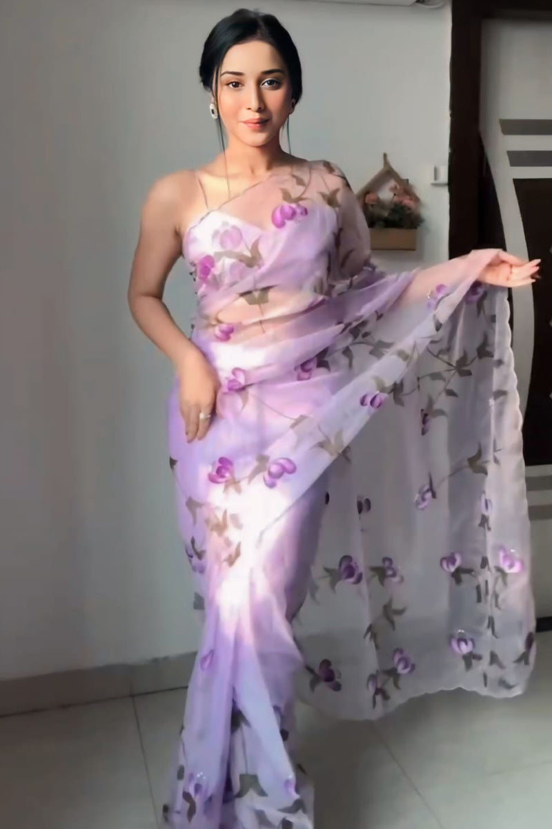 Exquisite 1-Minute Ready To Wear Lavender Organza Silk Saree - thelotusfab