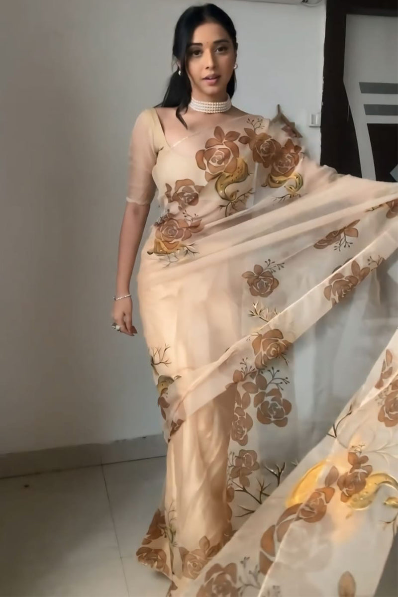 Super classy 1-Minute Ready To Wear Beige Organza Silk Saree - thelotusfab