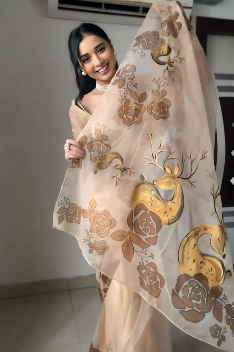 Super classy 1-Minute Ready To Wear Beige Organza Silk Saree - thelotusfab