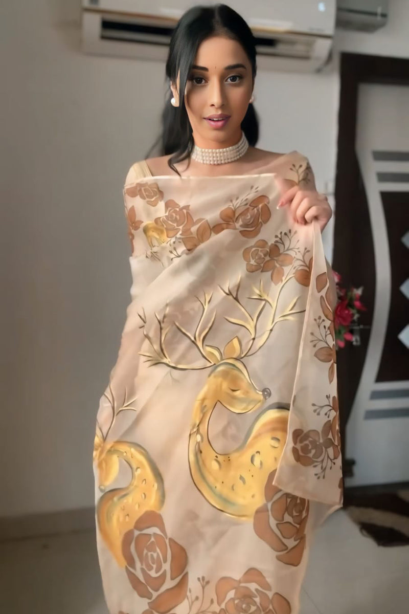 Super classy 1-Minute Ready To Wear Beige Organza Silk Saree - thelotusfab