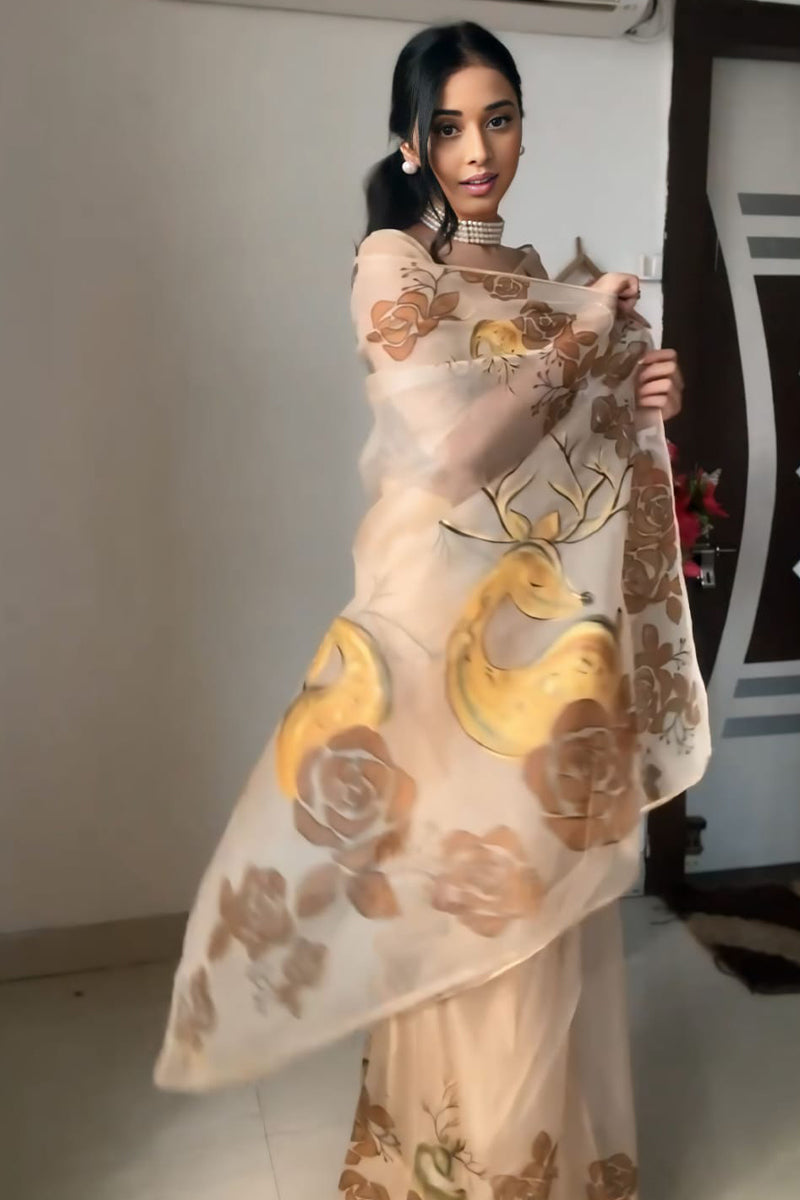 Super classy 1-Minute Ready To Wear Beige Organza Silk Saree - thelotusfab