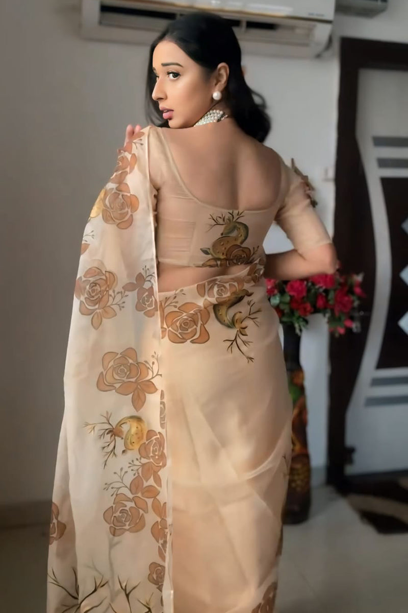 Super classy 1-Minute Ready To Wear Beige Organza Silk Saree - thelotusfab