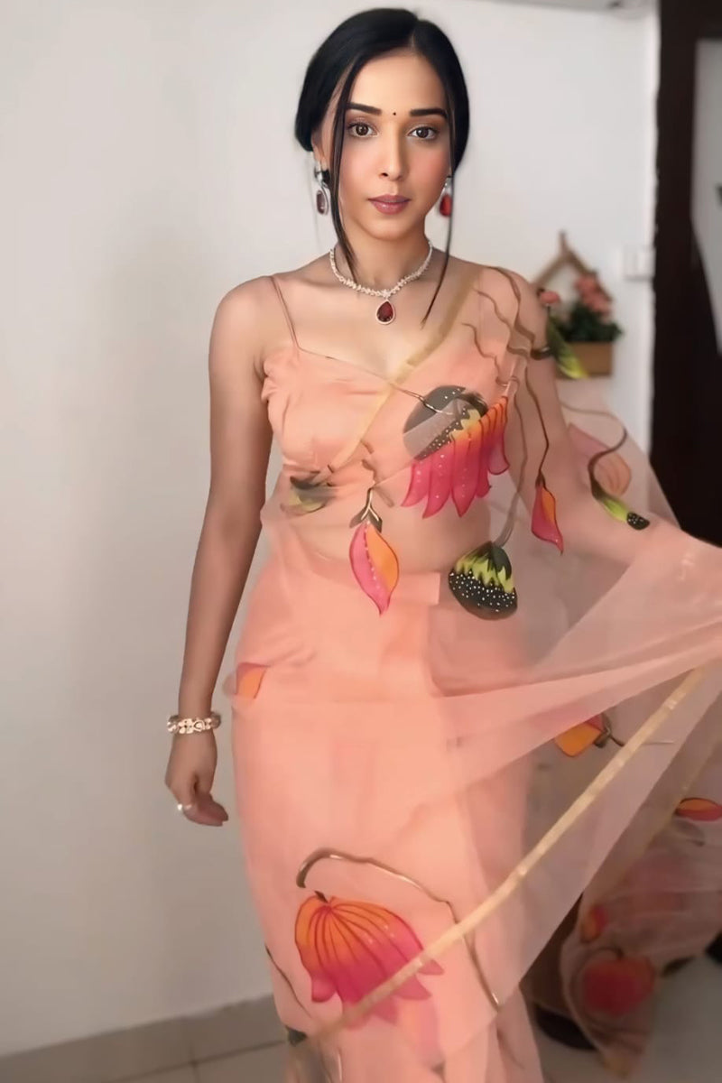 Imbrication 1-Minute Ready To Wear Peach Organza Silk Saree - thelotusfab