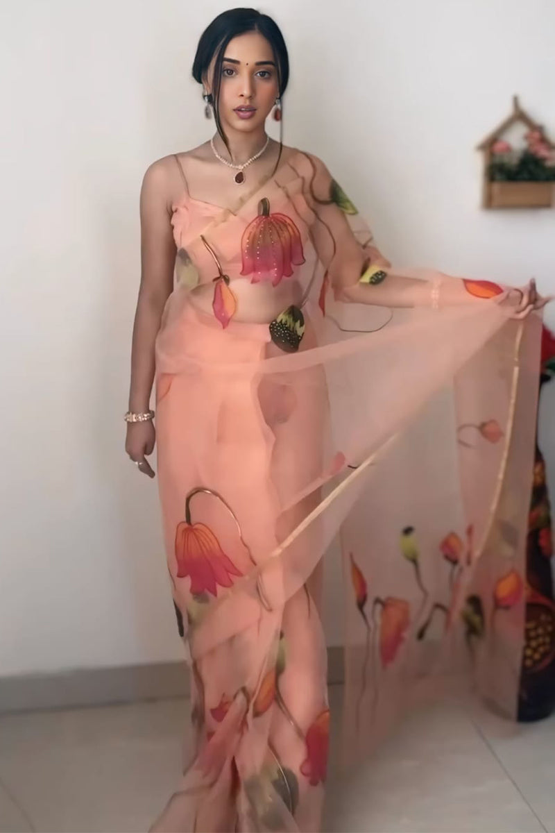 Imbrication 1-Minute Ready To Wear Peach Organza Silk Saree - thelotusfab