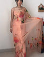 Imbrication 1-Minute Ready To Wear Peach Organza Silk Saree