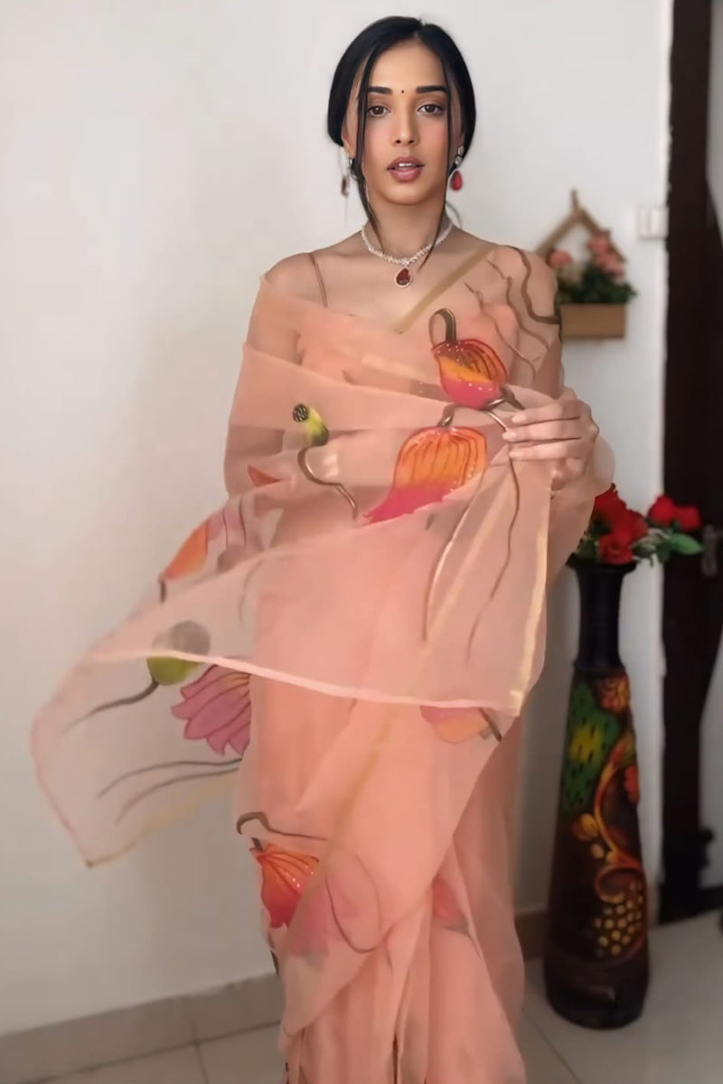 Imbrication 1-Minute Ready To Wear Peach Organza Silk Saree - thelotusfab