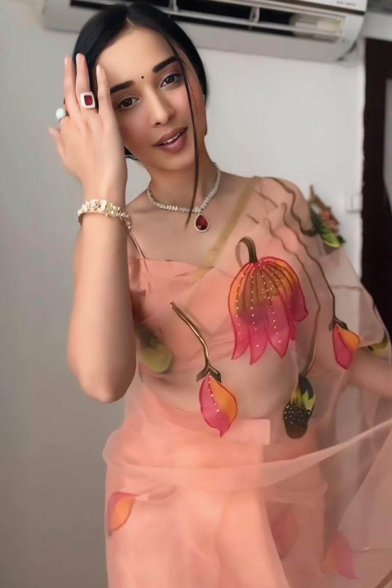 Imbrication 1-Minute Ready To Wear Peach Organza Silk Saree - thelotusfab