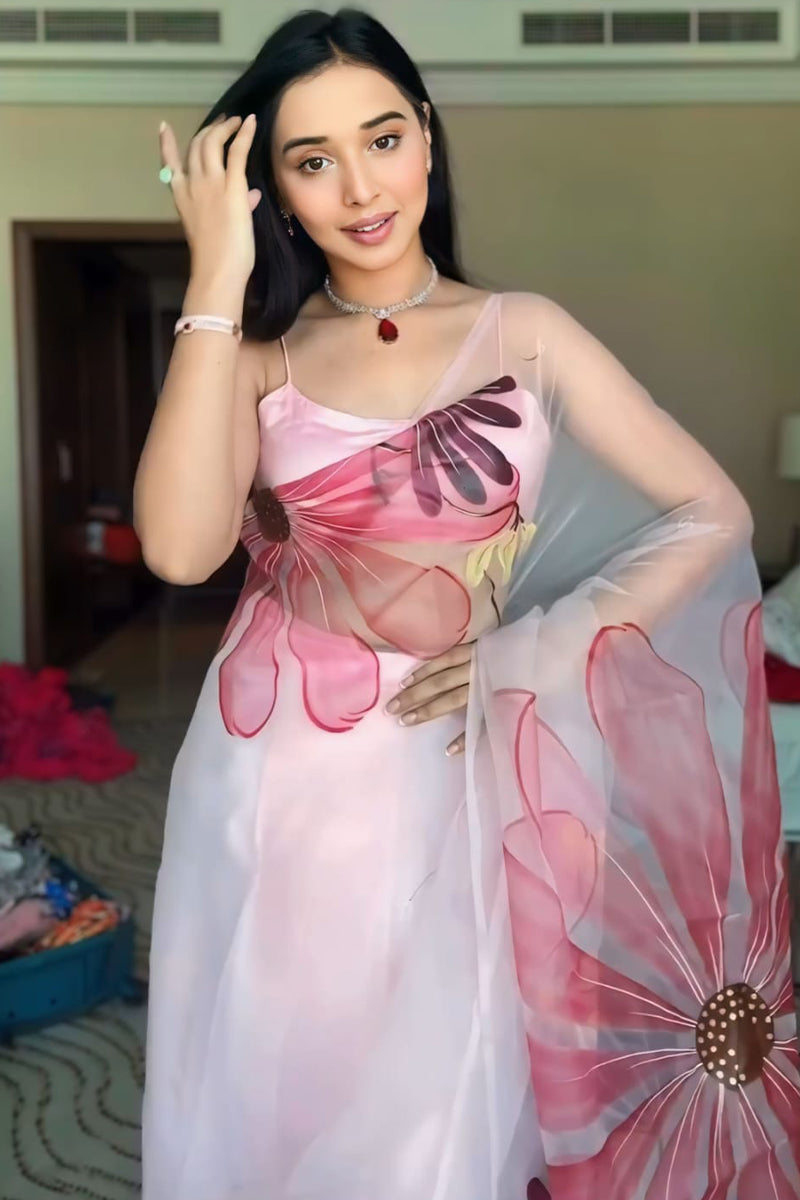 Most Flattering 1-Minute Ready To Wear Baby Pink Organza Silk Saree - thelotusfab