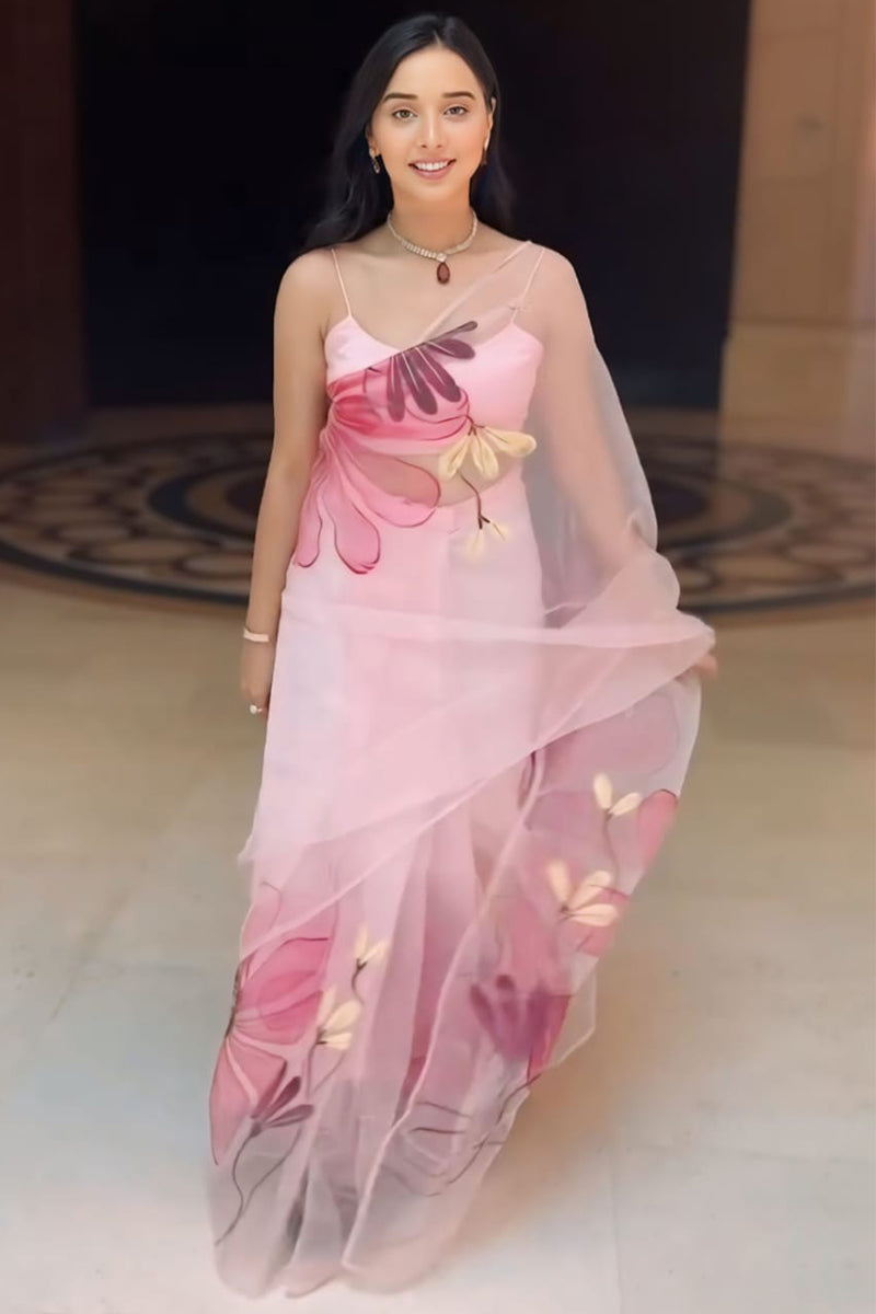 Most Flattering 1-Minute Ready To Wear Baby Pink Organza Silk Saree - thelotusfab