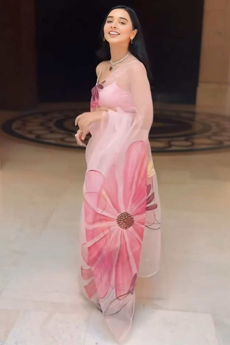 Most Flattering 1-Minute Ready To Wear Baby Pink Organza Silk Saree - thelotusfab