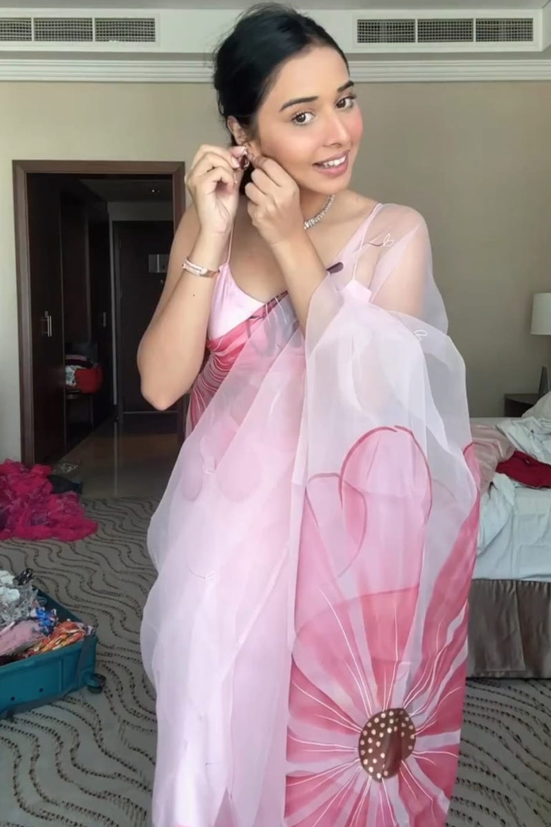 Most Flattering 1-Minute Ready To Wear Baby Pink Organza Silk Saree - thelotusfab