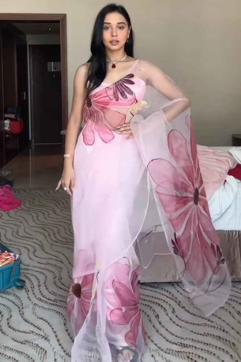 Most Flattering 1-Minute Ready To Wear Baby Pink Organza Silk Saree - thelotusfab