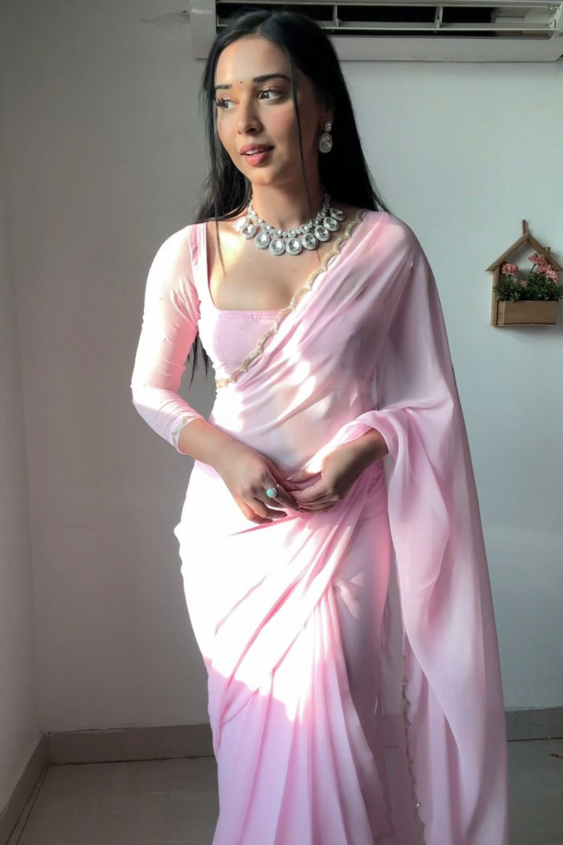 Propinquity 1-Minute Ready To Wear Baby Pink Georgette Saree - thelotusfab