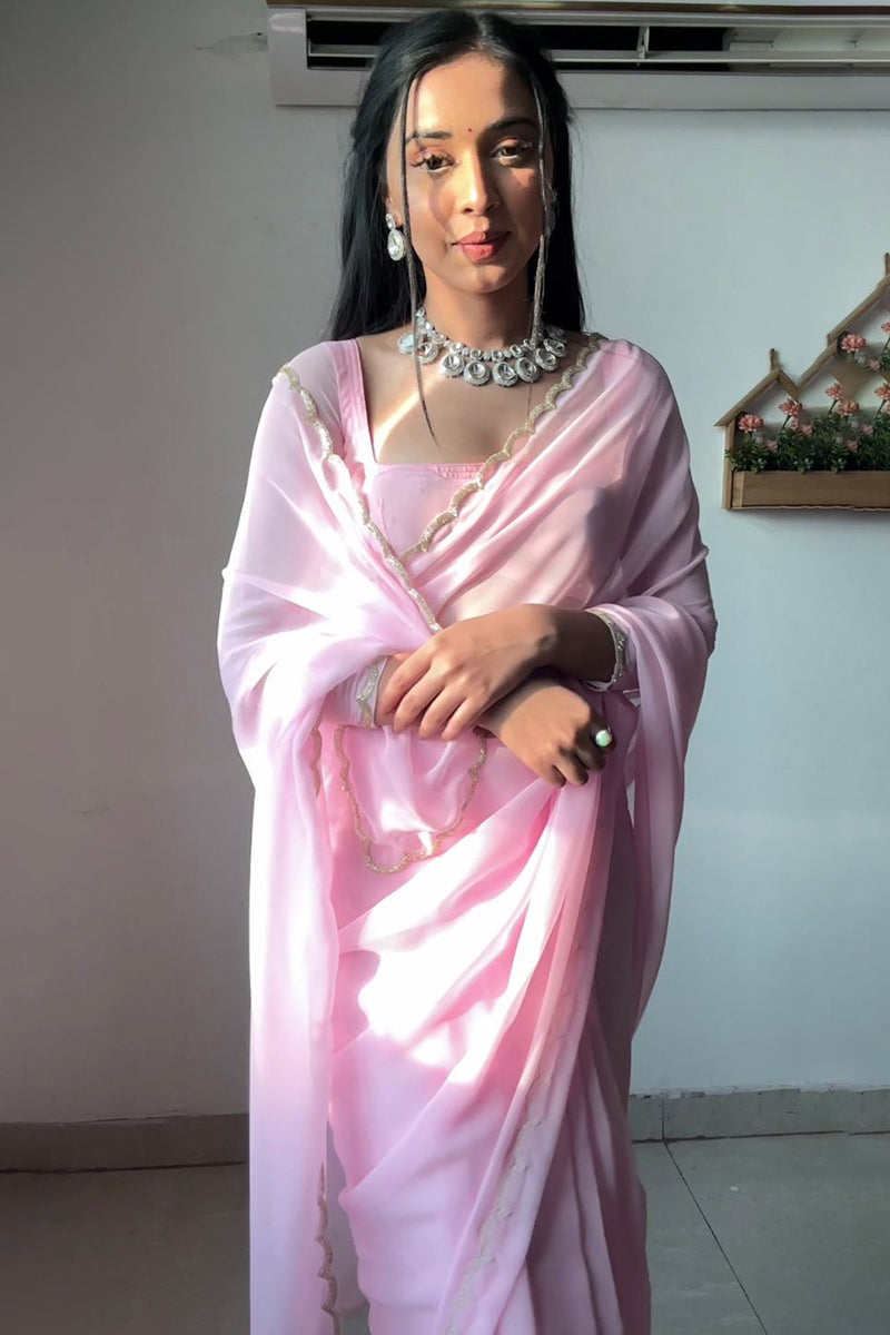 Propinquity 1-Minute Ready To Wear Baby Pink Georgette Saree - thelotusfab