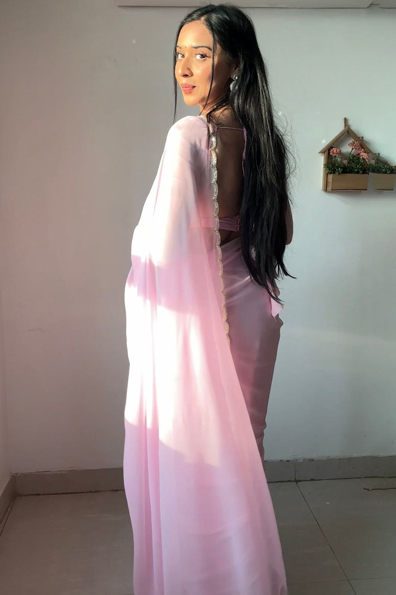 Propinquity 1-Minute Ready To Wear Baby Pink Georgette Saree - thelotusfab