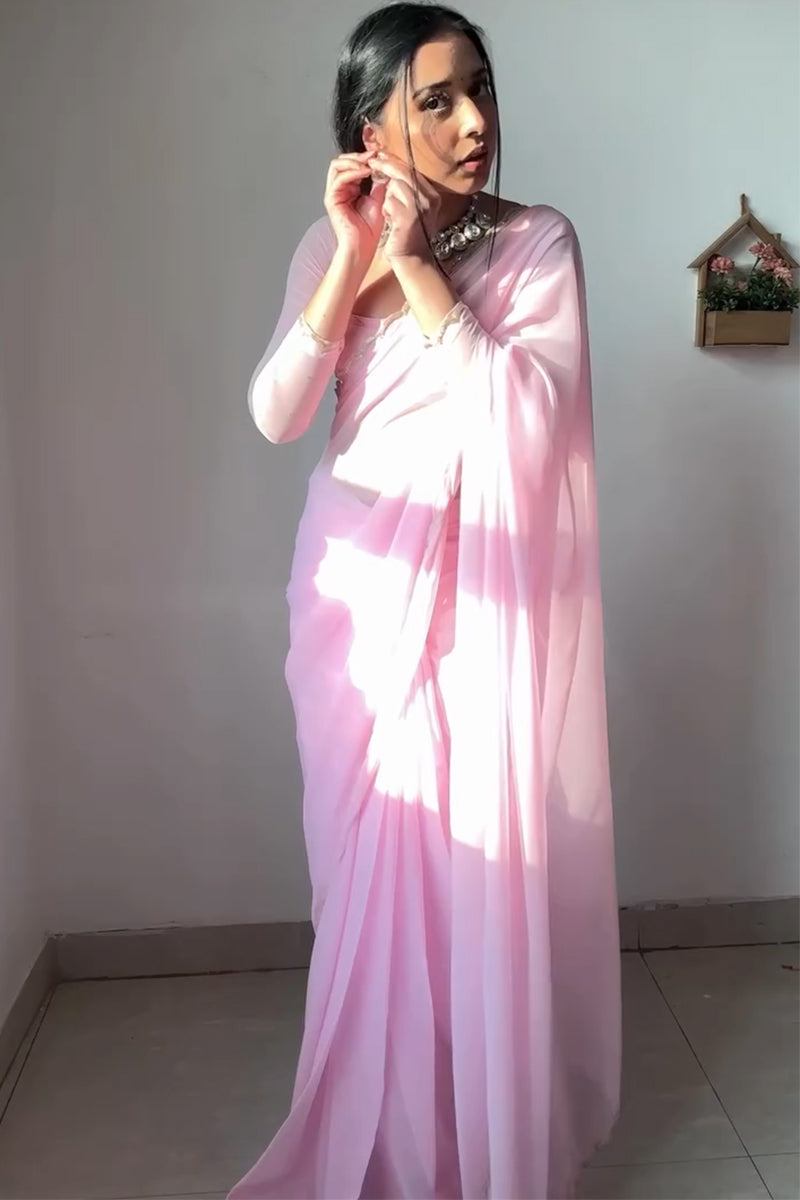 Propinquity 1-Minute Ready To Wear Baby Pink Georgette Saree - thelotusfab