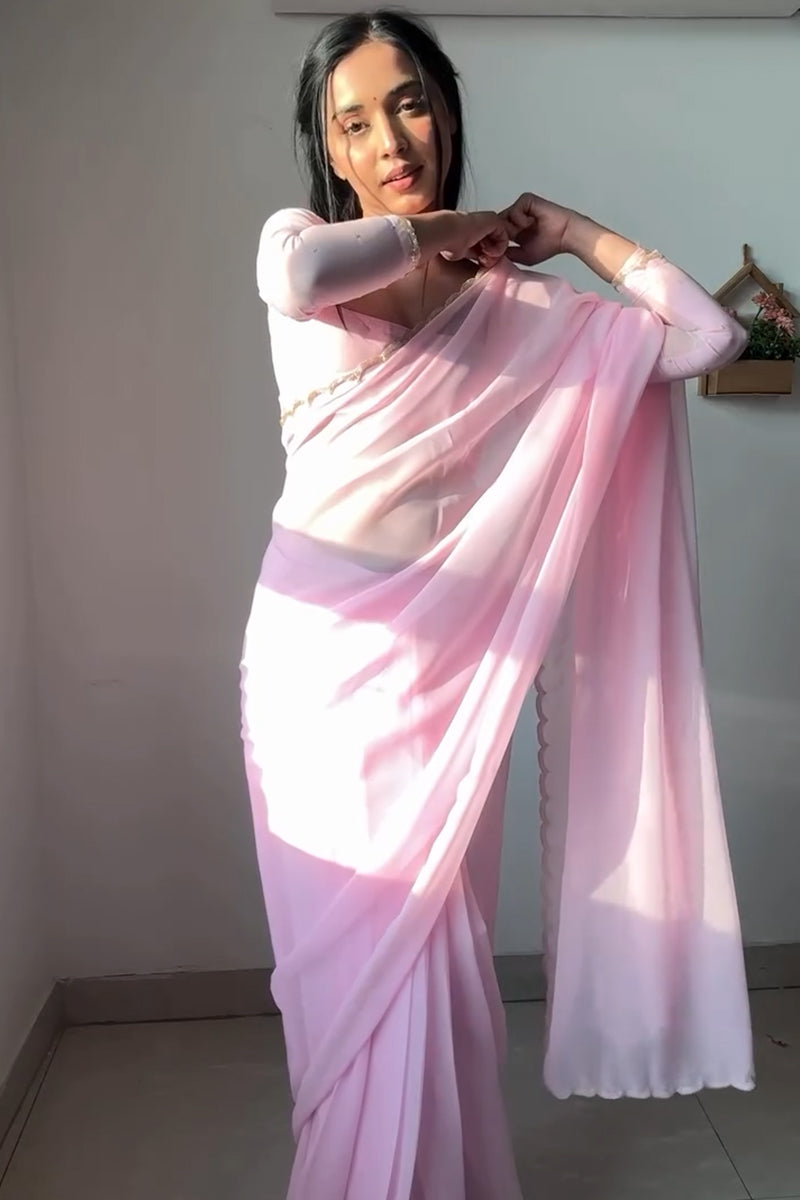 Propinquity 1-Minute Ready To Wear Baby Pink Georgette Saree - thelotusfab