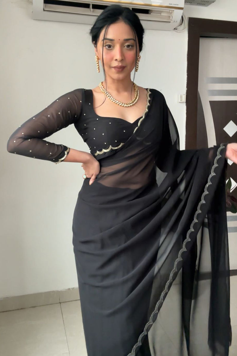 Evocative 1-Minute Ready To Wear Black Georgette Saree - thelotusfab