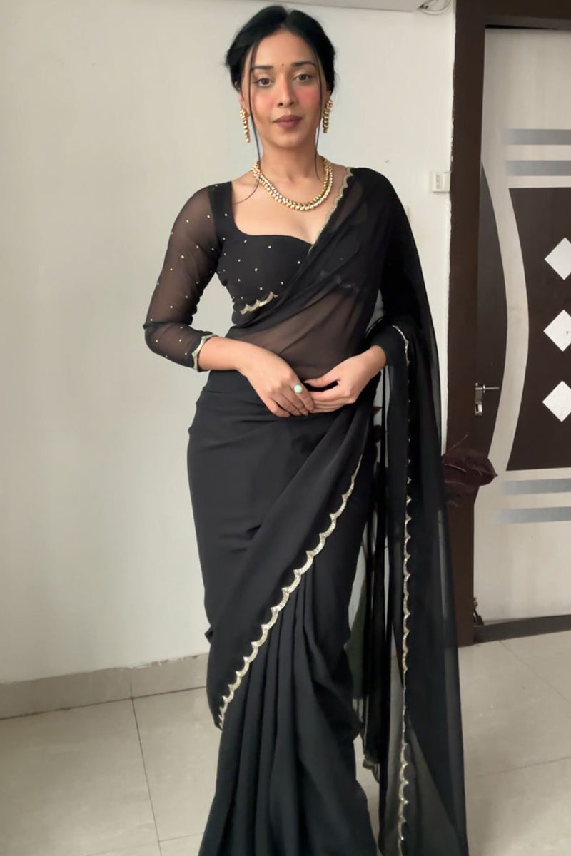 Evocative 1-Minute Ready To Wear Black Georgette Saree - thelotusfab