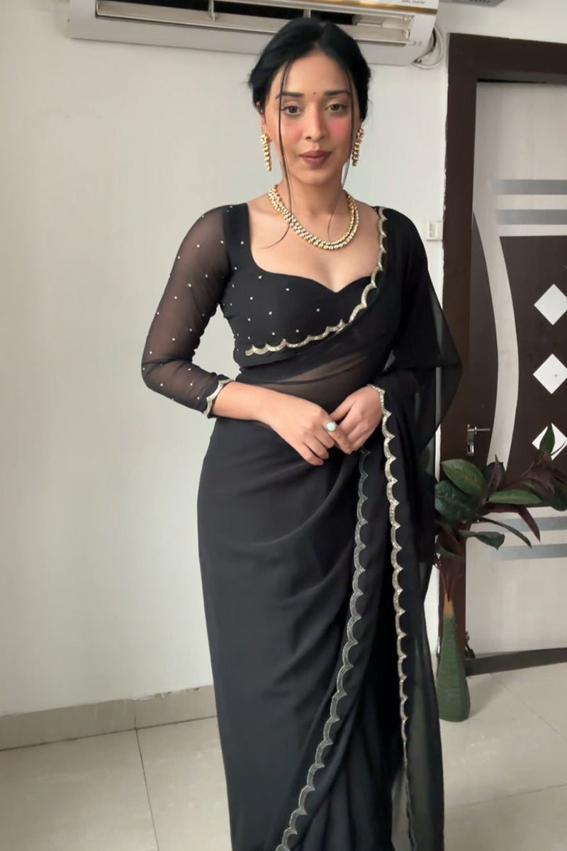 Evocative 1-Minute Ready To Wear Black Georgette Saree - thelotusfab