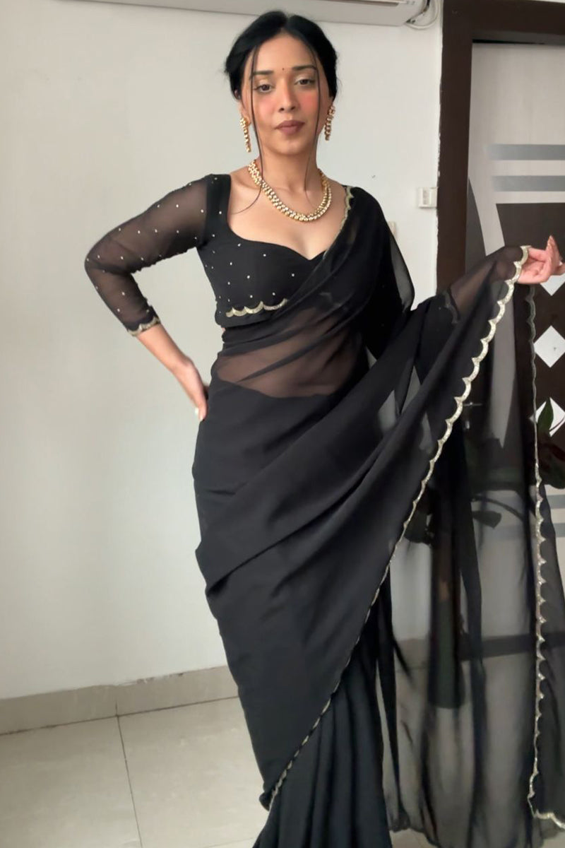 Evocative 1-Minute Ready To Wear Black Georgette Saree - thelotusfab