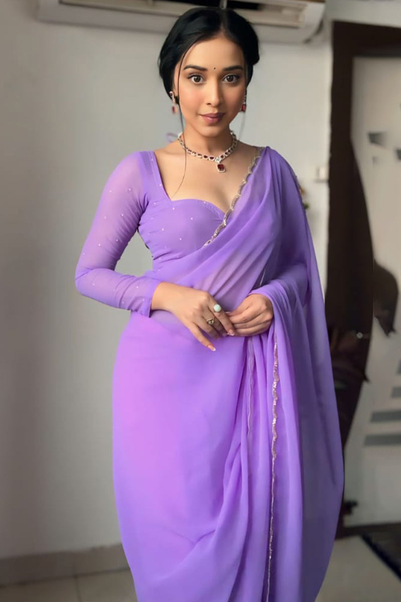 Dalliance 1-Minute Ready To Wear Lavender Georgette Saree - thelotusfab