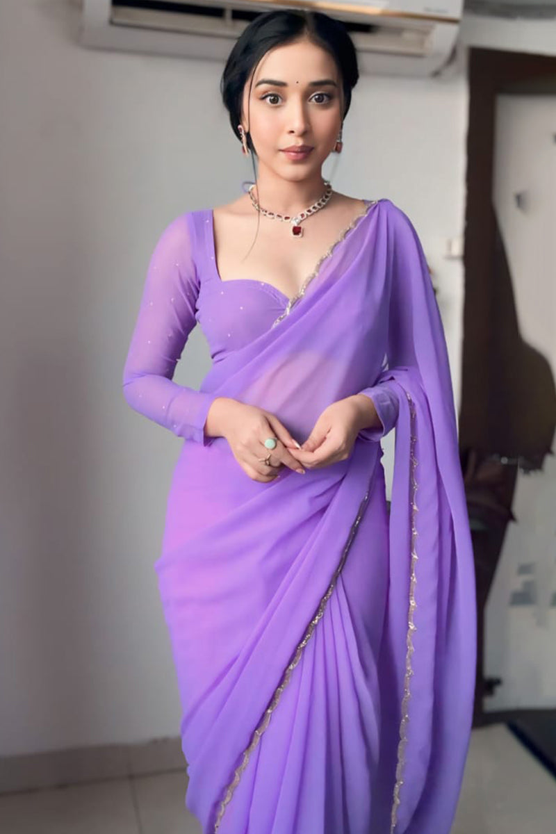 Dalliance 1-Minute Ready To Wear Lavender Georgette Saree - thelotusfab