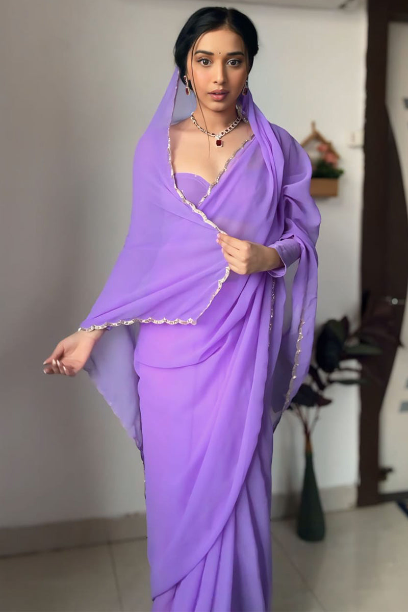 Dalliance 1-Minute Ready To Wear Lavender Georgette Saree - thelotusfab