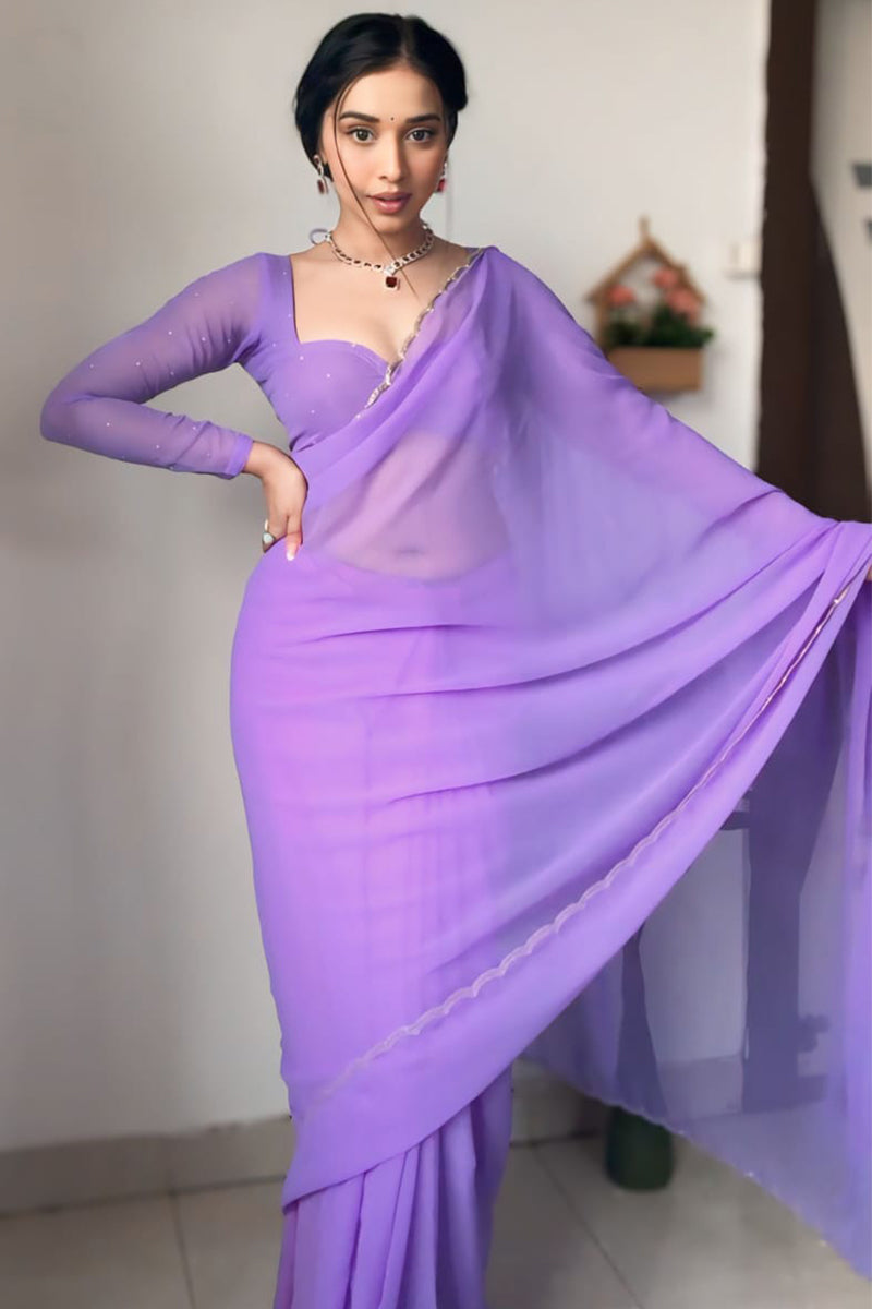 Dalliance 1-Minute Ready To Wear Lavender Georgette Saree - thelotusfab