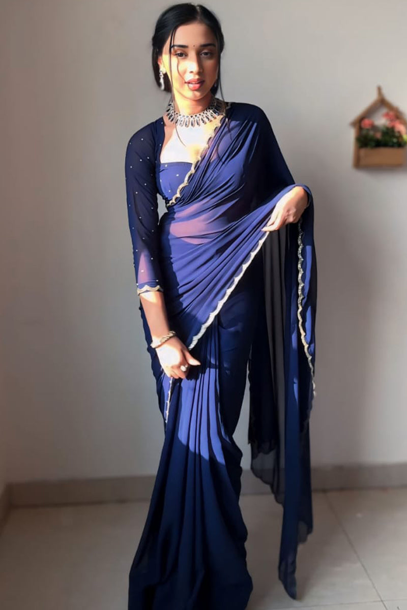 Angelic 1-Minute Ready To Wear Navy Blue Georgette Saree - thelotusfab