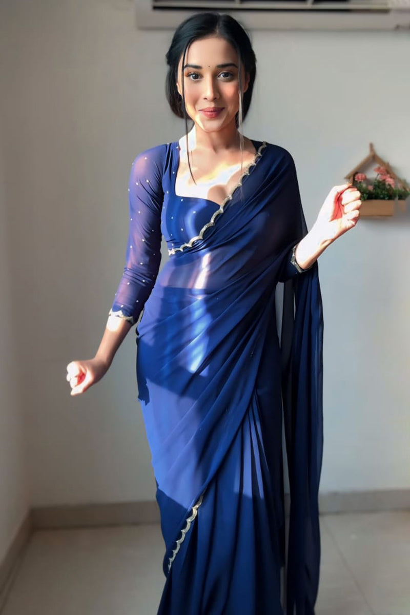 Angelic 1-Minute Ready To Wear Navy Blue Georgette Saree - thelotusfab