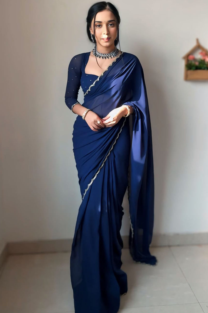 Angelic 1-Minute Ready To Wear Navy Blue Georgette Saree - thelotusfab