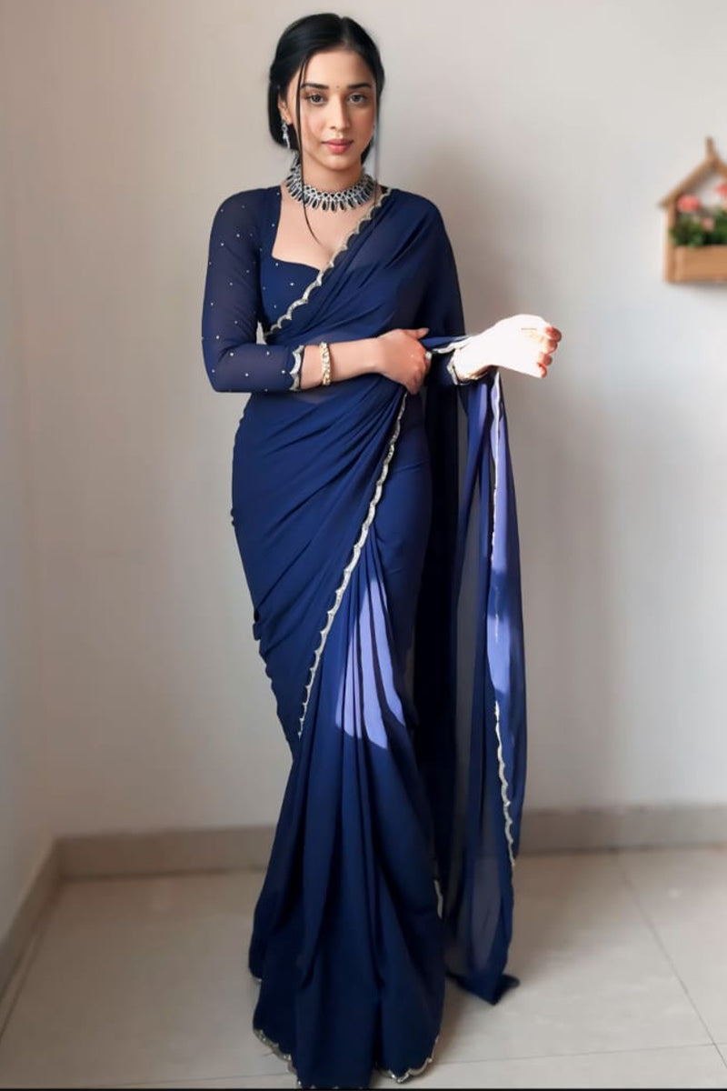 Angelic 1-Minute Ready To Wear Navy Blue Georgette Saree - thelotusfab