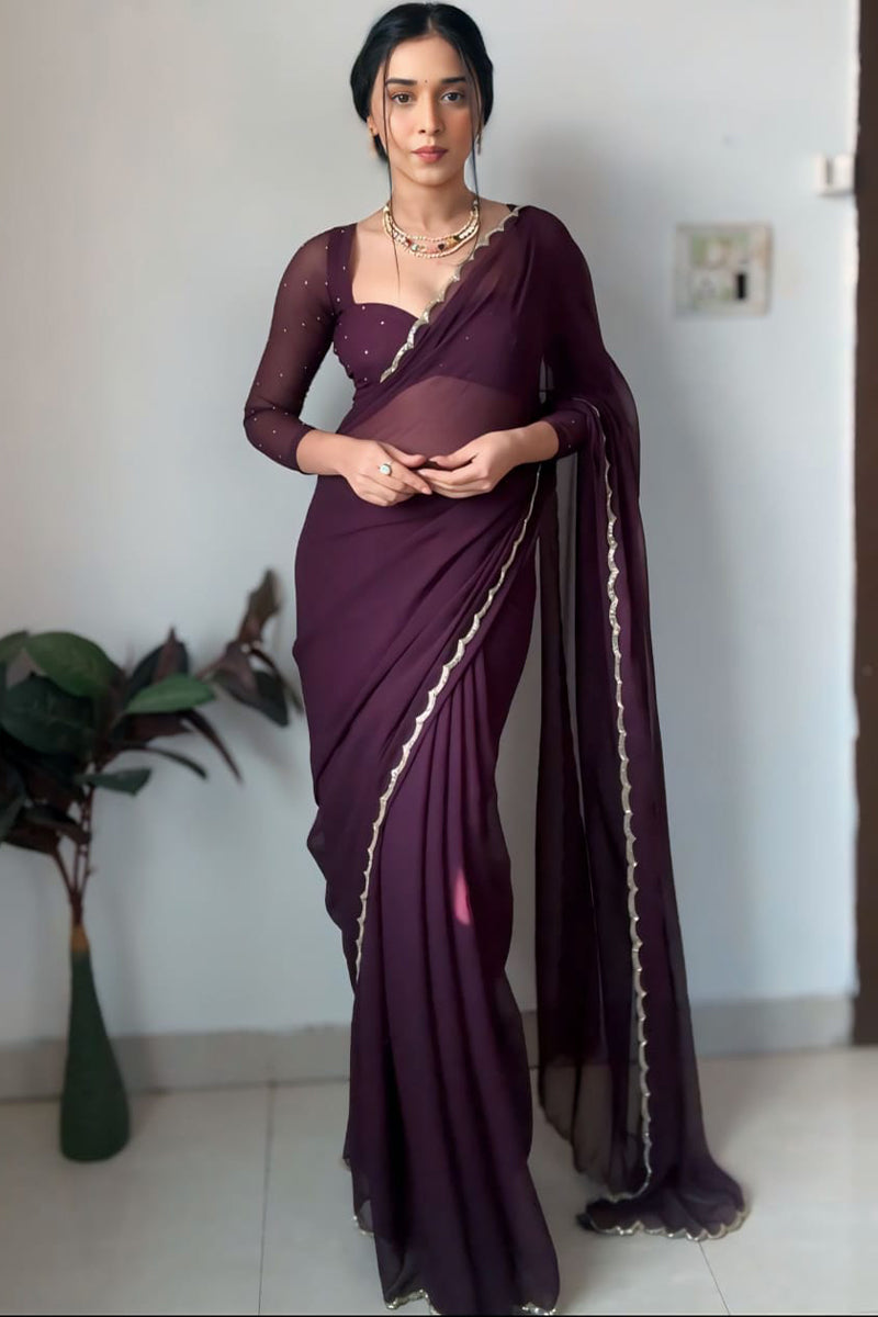 Pleasant 1-Minute Ready To Wear Purple Georgette Saree - thelotusfab