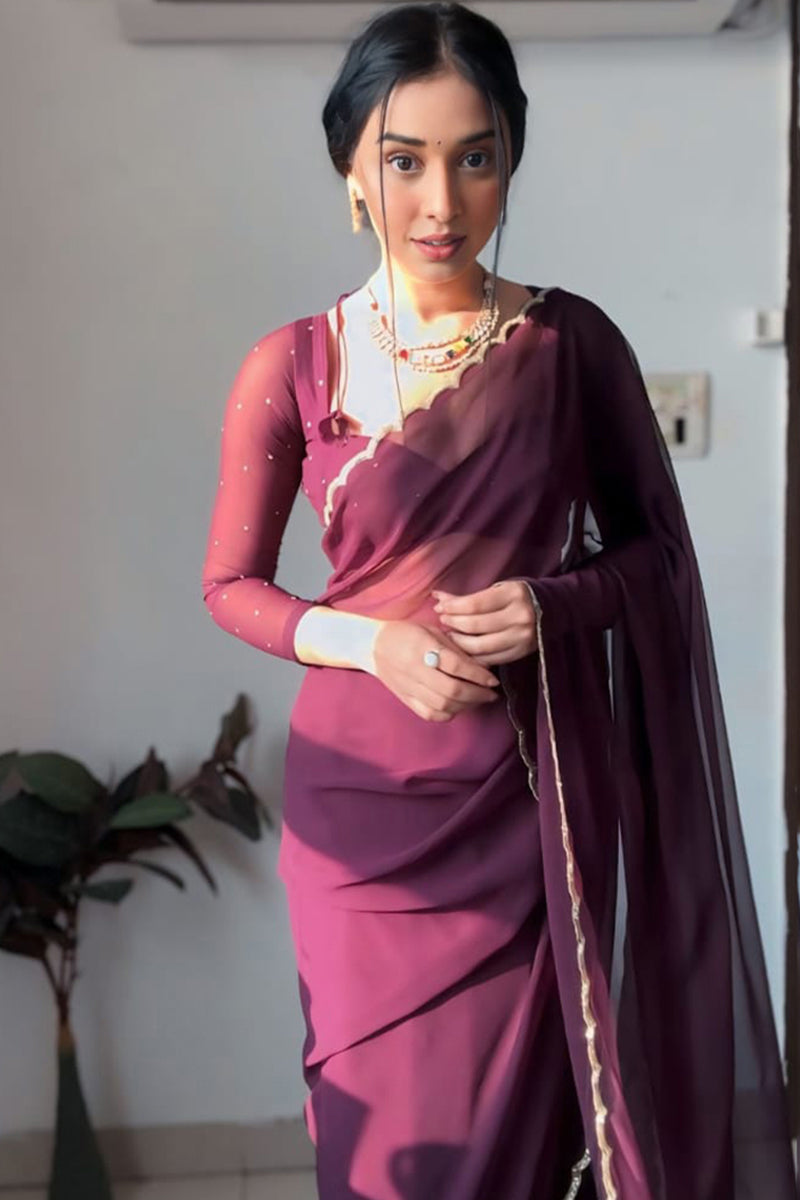 Pleasant 1-Minute Ready To Wear Purple Georgette Saree - thelotusfab