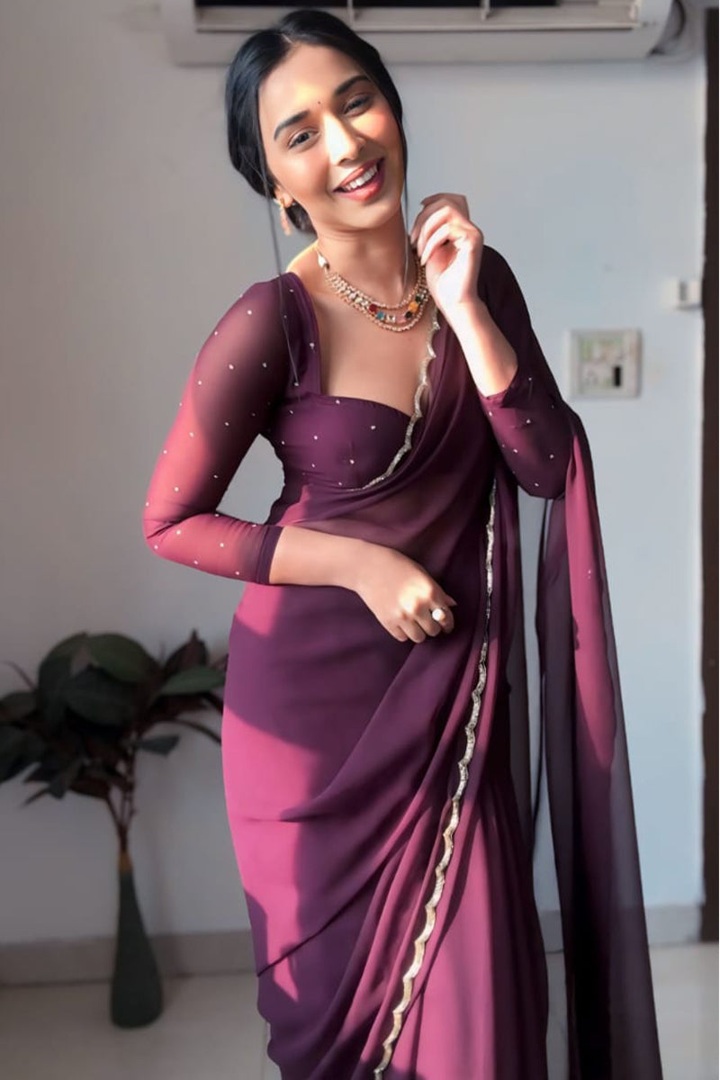 Pleasant 1-Minute Ready To Wear Purple Georgette Saree - thelotusfab