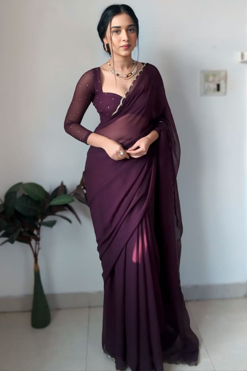 Pleasant 1-Minute Ready To Wear Purple Georgette Saree - thelotusfab