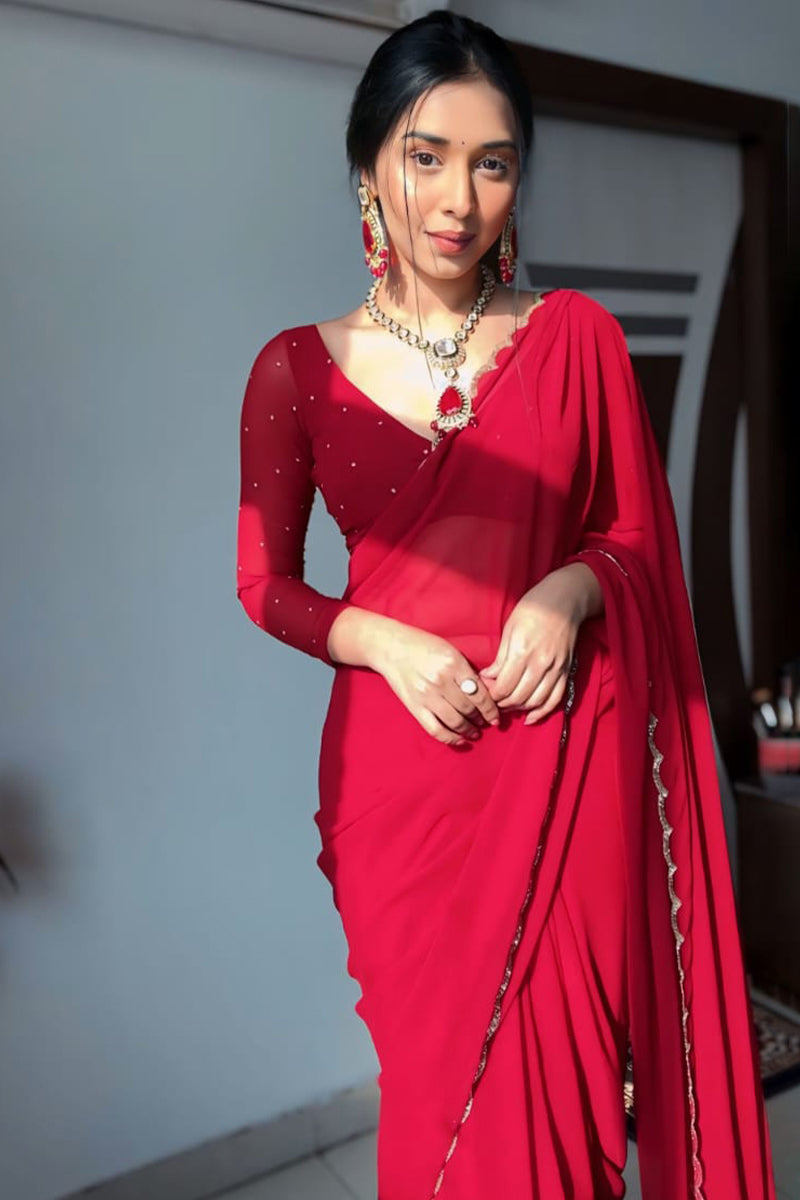 Arresting 1-Minute Ready To Wear Red Georgette Saree - thelotusfab