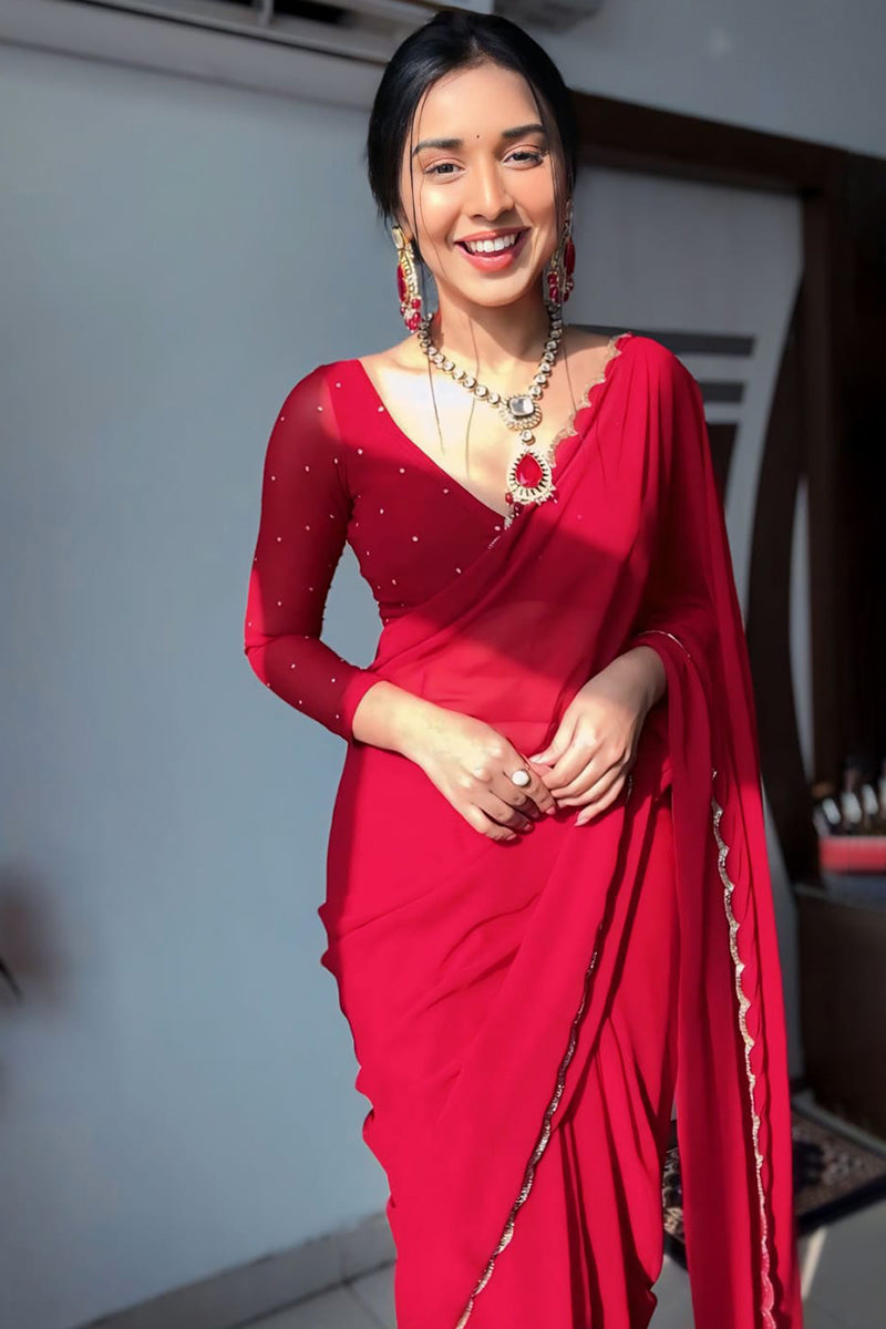 Arresting 1-Minute Ready To Wear Red Georgette Saree - thelotusfab