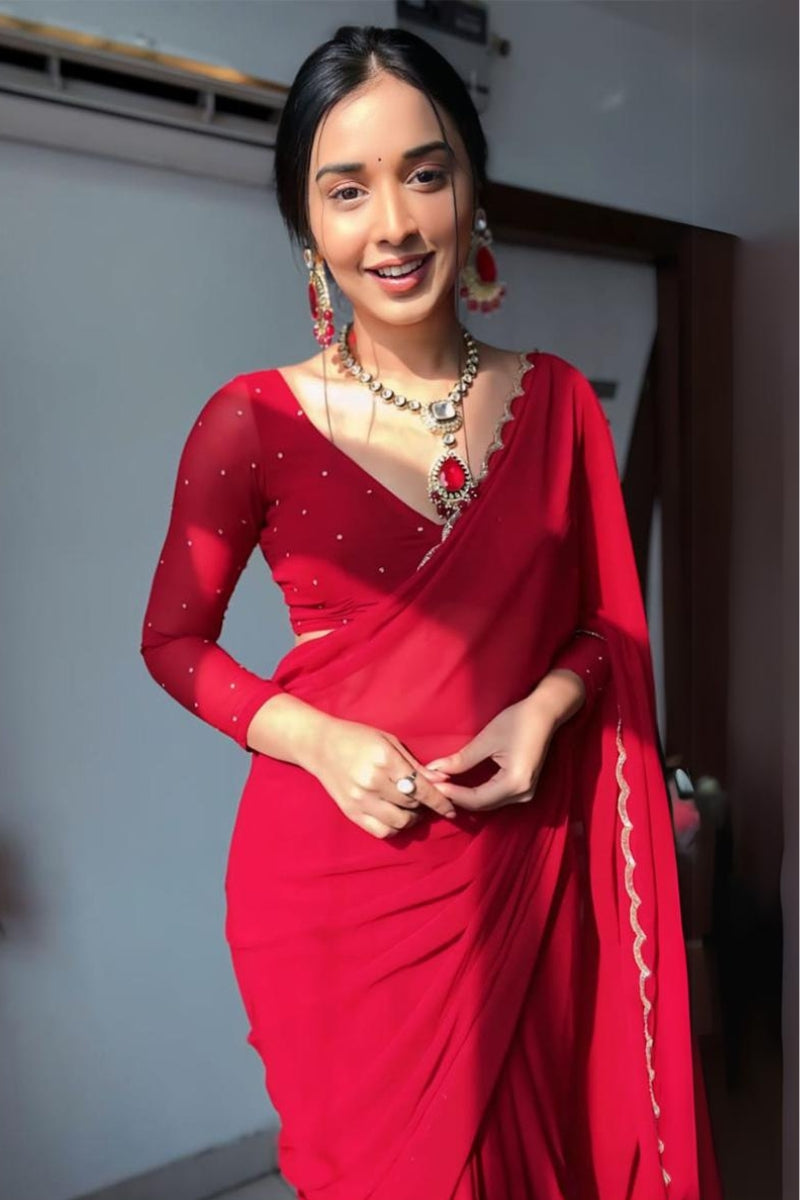 Arresting 1-Minute Ready To Wear Red Georgette Saree - thelotusfab