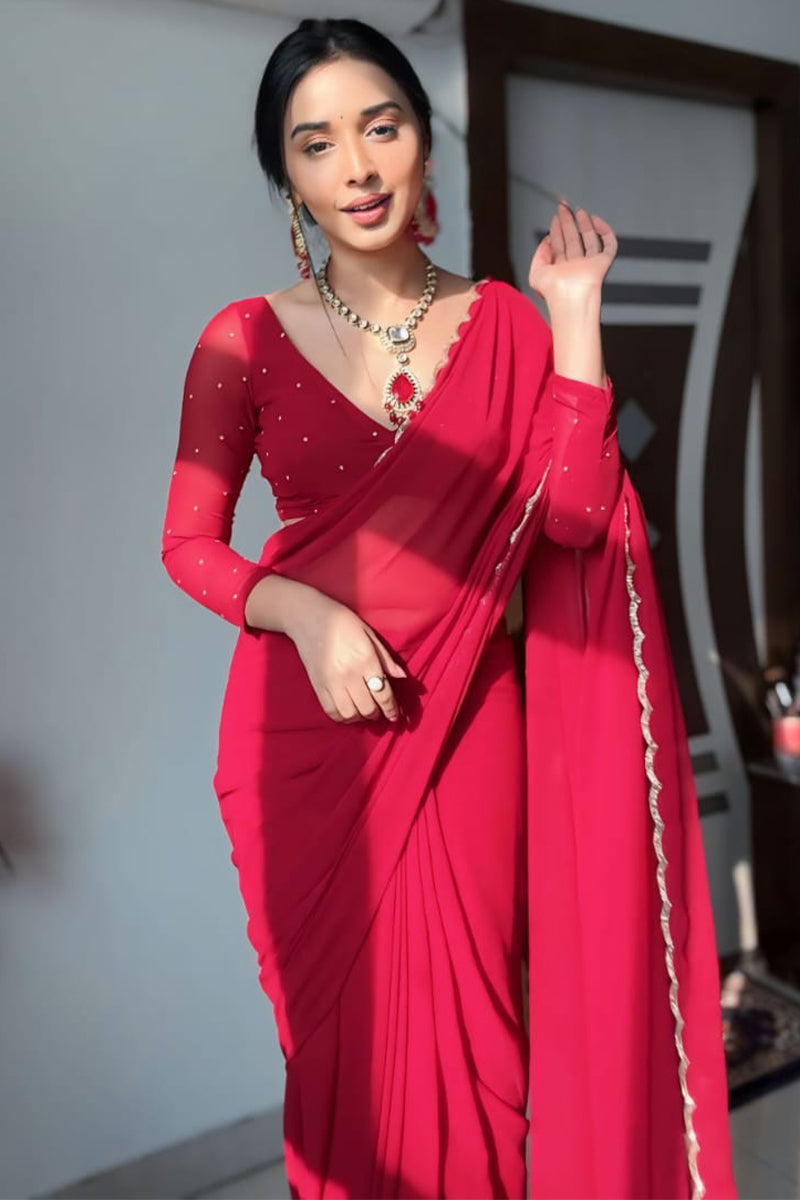 Arresting 1-Minute Ready To Wear Red Georgette Saree - thelotusfab