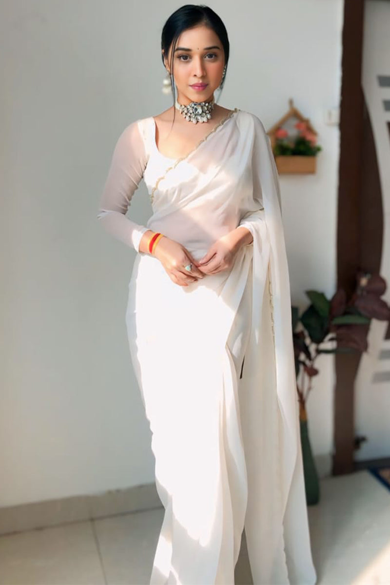 Skinny 1-Minute Ready To Wear White Georgette Saree - thelotusfab