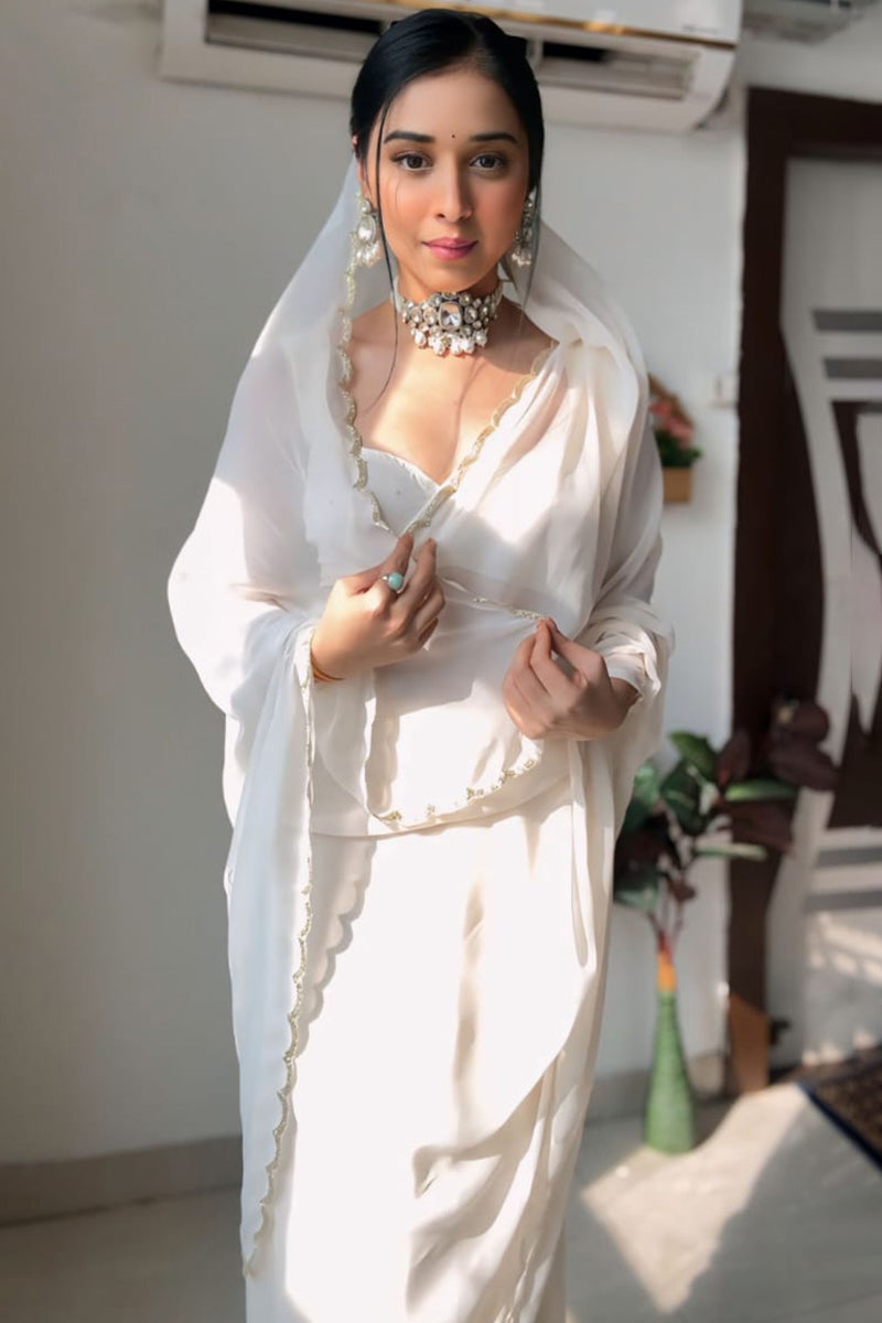 Skinny 1-Minute Ready To Wear White Georgette Saree - thelotusfab