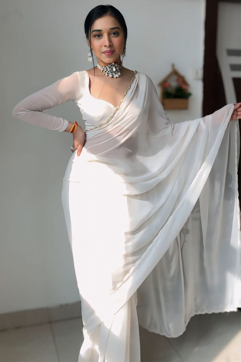 Skinny 1-Minute Ready To Wear White Georgette Saree - thelotusfab