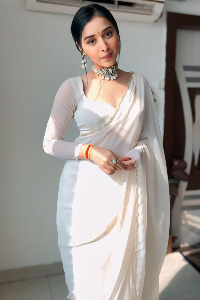 Skinny 1-Minute Ready To Wear White Georgette Saree - thelotusfab