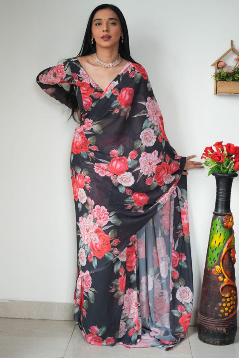 Luminous 1-Minute Ready To Wear Black Georgette Saree - thelotusfab