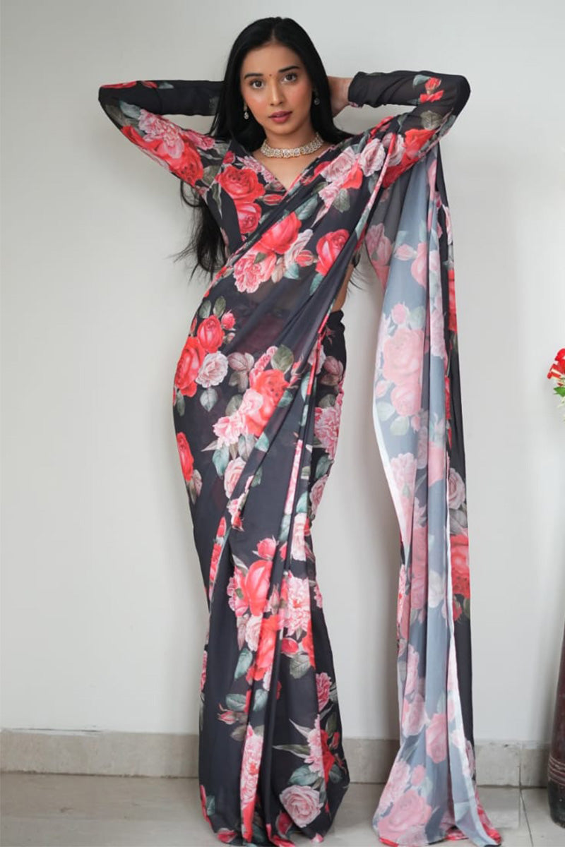 Luminous 1-Minute Ready To Wear Black Georgette Saree - thelotusfab