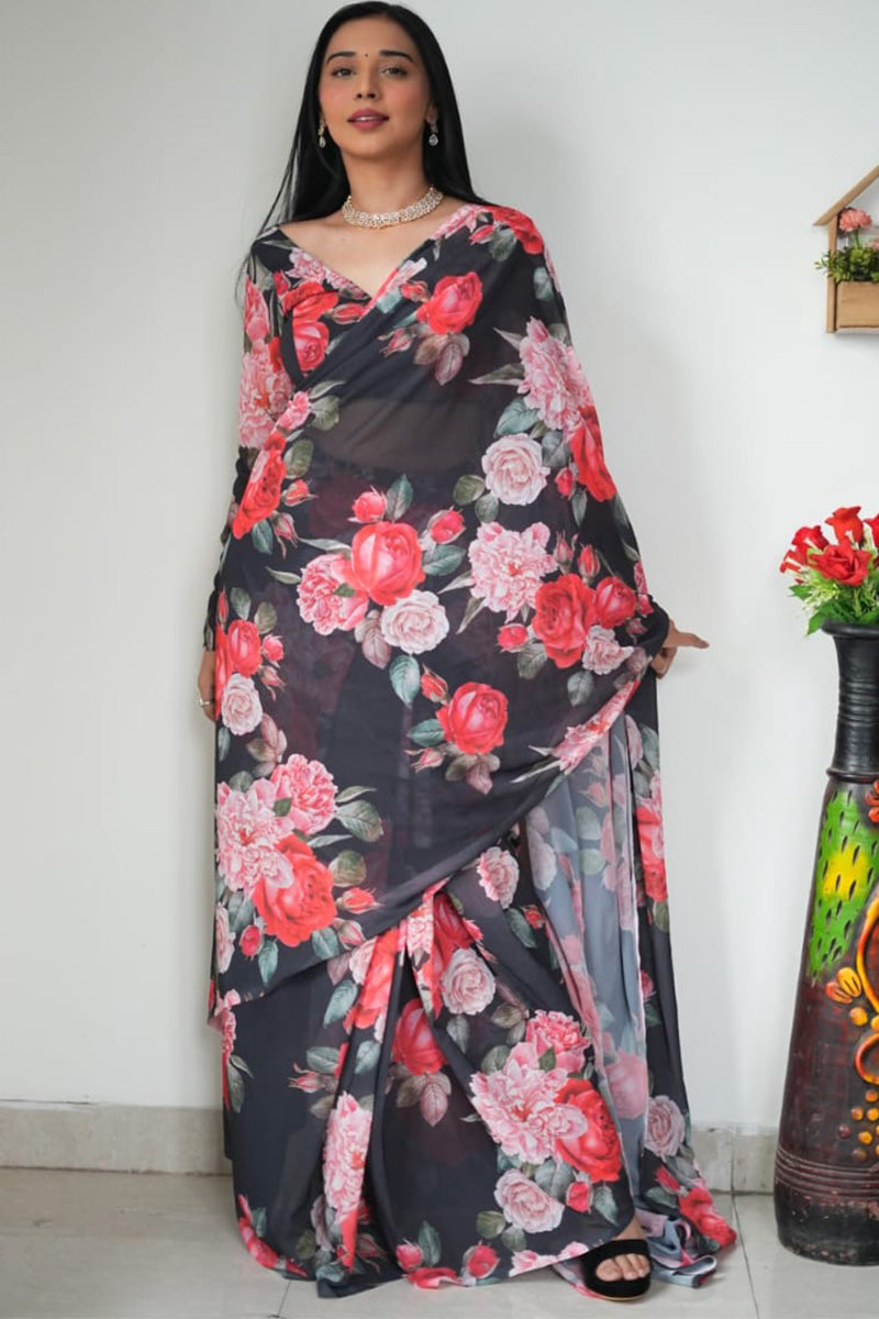 Luminous 1-Minute Ready To Wear Black Georgette Saree - thelotusfab