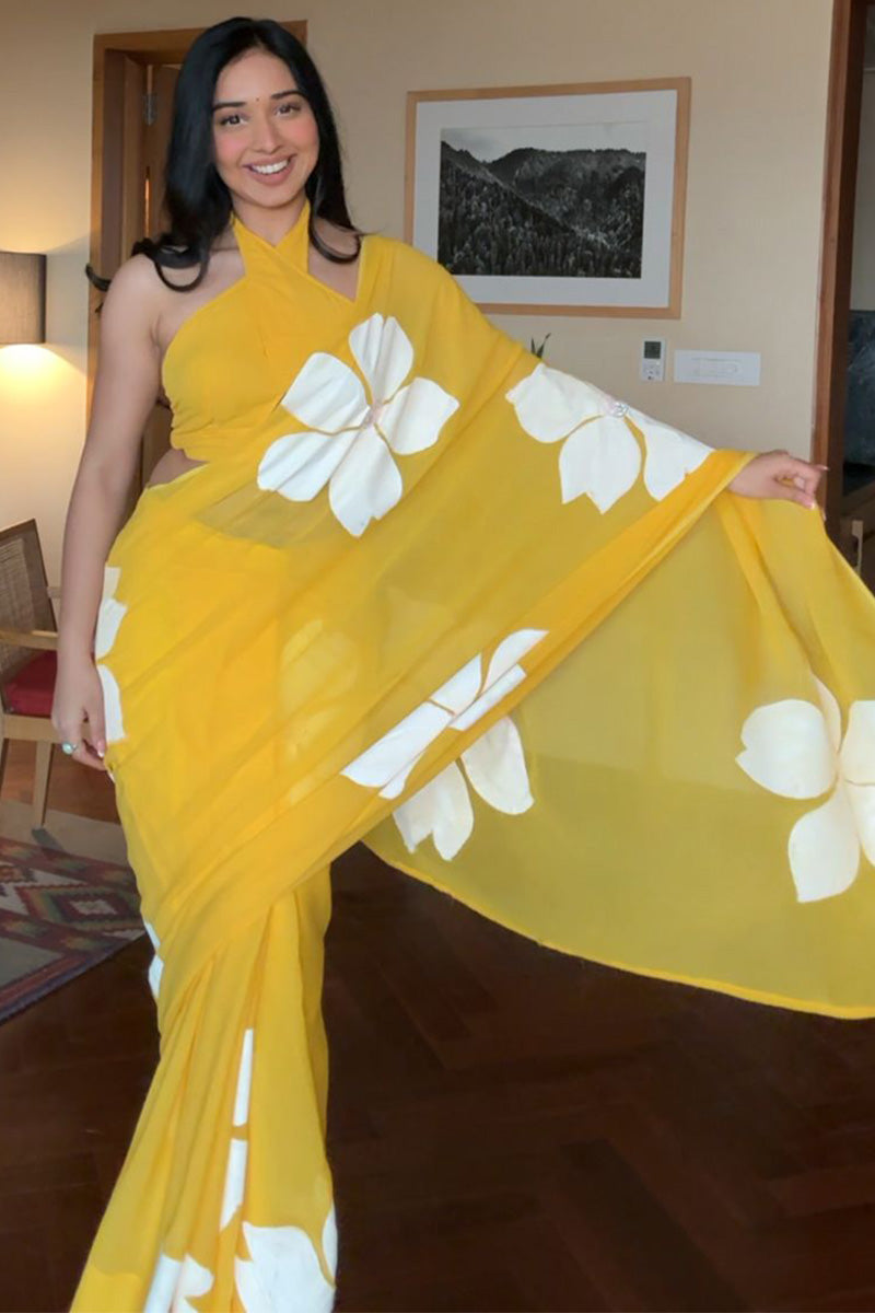 Piquant 1-Minute Ready To Wear Yellow Georgette Saree - thelotusfab